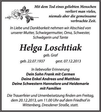 Traueranzeige von Helga Loschtiak von WVG - Wochenspiegel Wittenberg