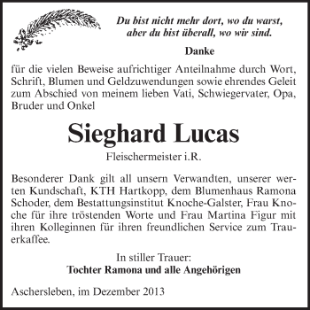 Traueranzeige von Sieghard Lucas von Super Sonntag Aschersleben