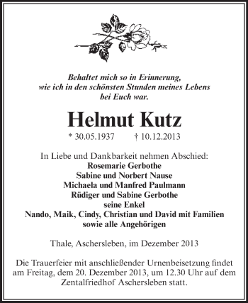 Traueranzeige von Helmut Kutz von Super Sonntag Aschersleben