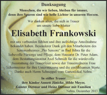 Traueranzeige von Elisabeth Frankowski von WVG - Wochenspiegel NMB / WSF / ZTZ