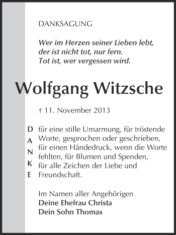 Traueranzeige von Wolfgang Witzsche von Super Sonntag Merseburg