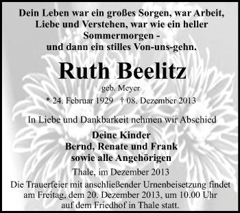 Traueranzeige von Ruth Beelitz von WVG - Wochenspiegel Quedlinburg