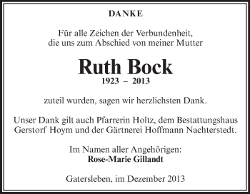 Traueranzeige von Ruth Bock von Super Sonntag Aschersleben