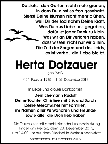 Traueranzeige von Herta Dotzauer von WVG - Wochenspiegel Quedlinburg