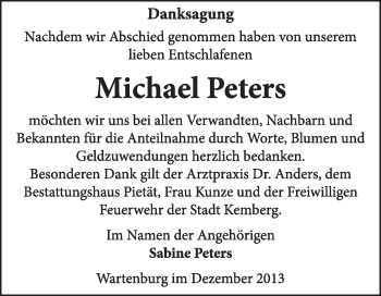 Traueranzeige von Michael Peters von Super Sonntag Wittenberg