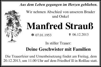 Traueranzeige von Manfred Strauß von Super Sonntag Dessau / Köthen