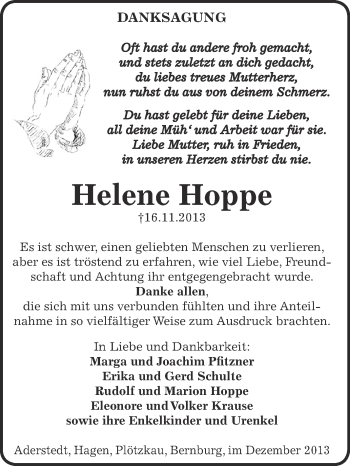 Traueranzeige von Helene Hoppe von Super Sonntag Bernburg