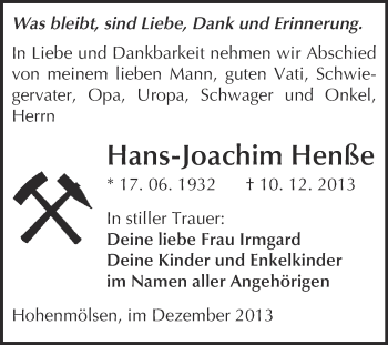 Traueranzeige von Hans-Joachim Henße von WVG - Wochenspiegel NMB / WSF / ZTZ