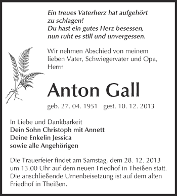 Traueranzeige von Anton Gall von WVG - Wochenspiegel NMB / WSF / ZTZ