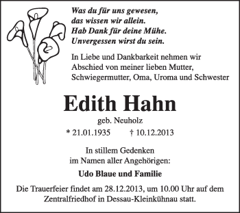 Traueranzeige von Edith Hahn von Super Sonntag Dessau / Köthen