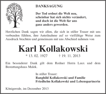 Traueranzeige von Karl Kollakowski von WVG - Wochenspiegel Quedlinburg