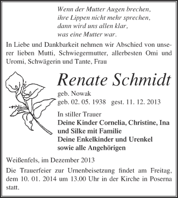 Traueranzeige von Renate Schmidt von WVG - Wochenspiegel NMB / WSF / ZTZ