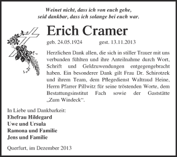 Traueranzeige von Erich Cramer von WVG - Wochenspiegel Merseburg