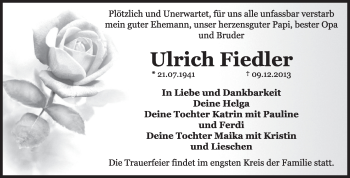 Traueranzeige von Ulrich Fiedler von Super Sonntag Dessau / Köthen