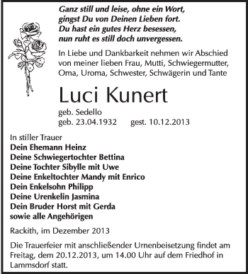 Traueranzeige von Luci Kunert von WVG - Wochenspiegel Wittenberg
