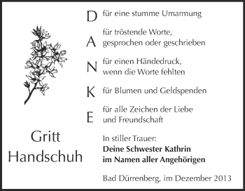 Traueranzeige von Gritt Handschuh von Super Sonntag Merseburg