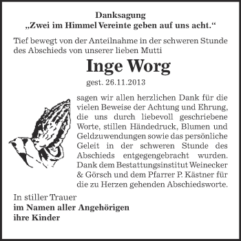 Traueranzeige von Inge Worg von Super Sonntag Bernburg