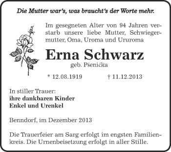 Traueranzeige von Erna Schwarz von Super Sonntag SGH Mansf. Land