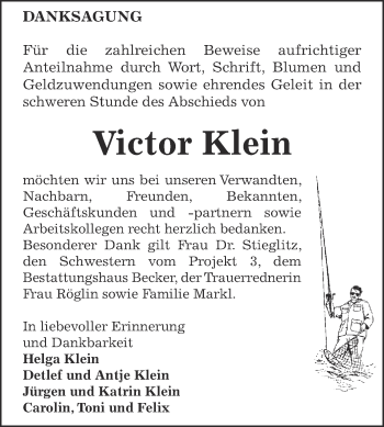 Traueranzeige von Victor Klein von Super Sonntag SGH Mansf. Land