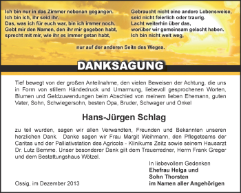 Traueranzeige von Hans-Jürgen Schlag von Super Sonntag Zeitz