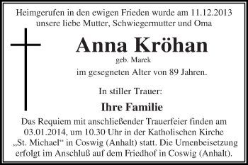 Traueranzeige von Anna Kröhan von WVG - Wochenspiegel Dessau / Köthen