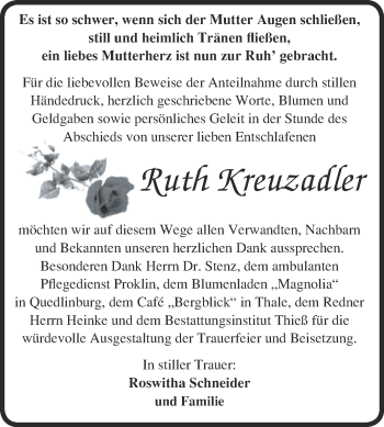 Traueranzeige von Ruth Kreuzadler von WVG - Wochenspiegel Quedlinburg