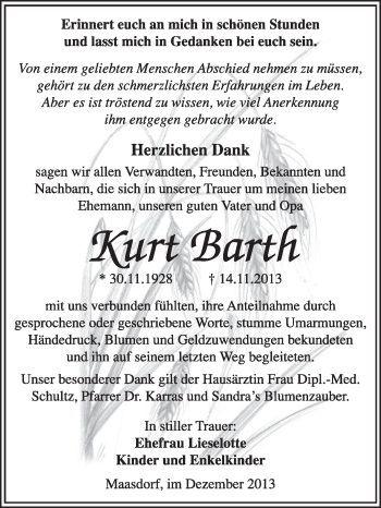 Traueranzeige von Kurt Barth von Super Sonntag Dessau / Köthen