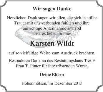 Traueranzeige von Karsten Wildt von WVG - Wochenspiegel NMB / WSF / ZTZ