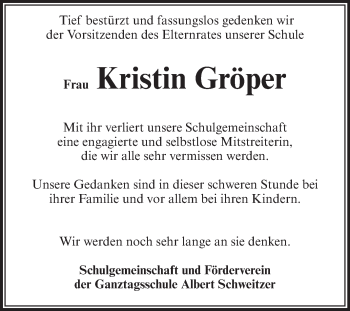 Traueranzeige von Kristin Gröper von Super Sonntag Aschersleben