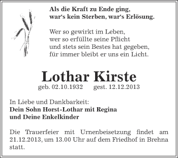 Traueranzeige von Lothar Kirste von WVG - Wochenspiegel Bitterfeld
