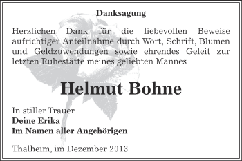 Traueranzeige von Helmut Bohne von WVG - Wochenspiegel Bitterfeld