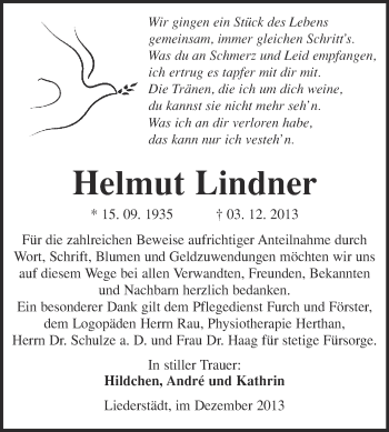 Traueranzeige von Helmut Lindner von WVG - Wochenspiegel NMB / WSF / ZTZ