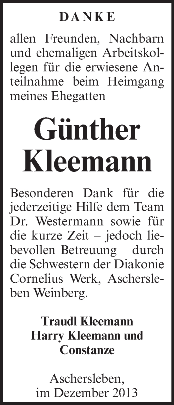 Traueranzeige von Günther Kleemann von WVG - Wochenspiegel Aschersleben