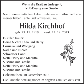 Traueranzeige von Hilda Kirchhof von WVG - Wochenspiegel NMB / WSF / ZTZ