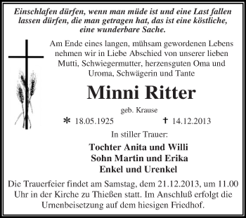 Traueranzeige von Minni Ritter von WVG - Wochenspiegel Dessau / Köthen