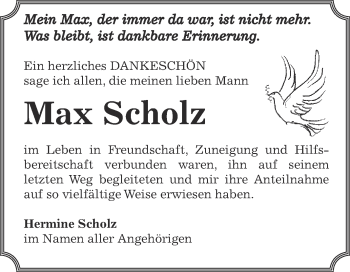 Traueranzeige von Max Scholz von WVG - Wochenspiegel Bitterfeld