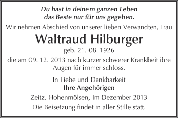 Traueranzeige von Waltraud Hilburger von WVG - Wochenspiegel NMB / WSF / ZTZ
