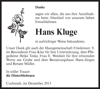 Traueranzeige von Hans Kluge von WVG - Wochenspiegel Aschersleben