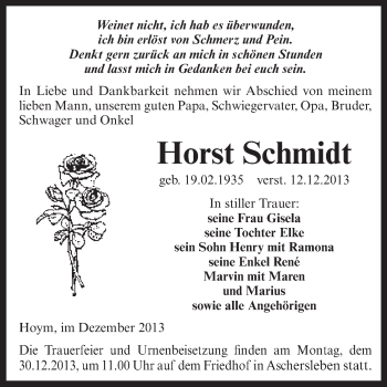 Traueranzeige von Horst Schmidt von WVG - Wochenspiegel Aschersleben