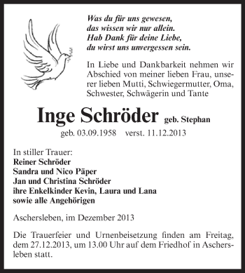 Traueranzeige von Inge Schröder von WVG - Wochenspiegel Aschersleben