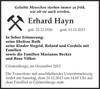 Traueranzeige von Erhard Hayn von WVG - Wochenspiegel Quedlinburg