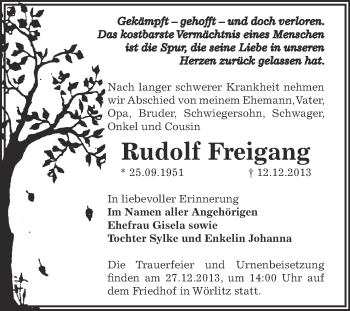 Traueranzeige von Rudolf Freigang von WVG - Wochenspiegel Dessau / Köthen