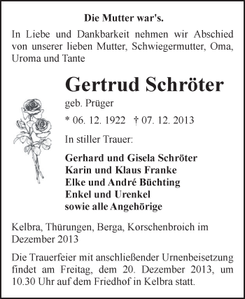 Traueranzeige von Gertrud Schröter von WVG - Wochenspiegel SGH