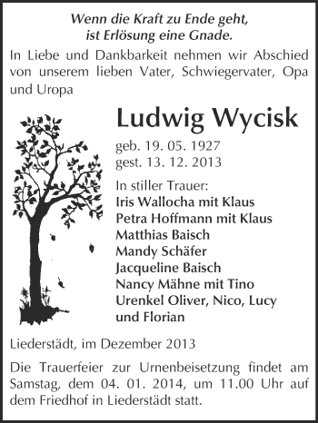 Traueranzeige von Ludwig Wycisk von WVG - Wochenspiegel Merseburg