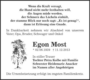 Traueranzeige von Egon Most von WVG - Wochenspiegel Bitterfeld