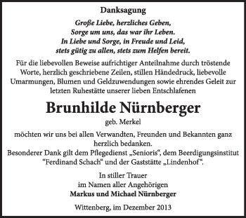 Traueranzeige von Brunhilde Nürnberger von WVG - Wochenspiegel Wittenberg