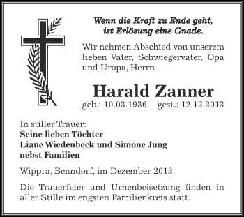 Traueranzeige von Harald Zanner von Wochenspiegel Mansfelder Land
