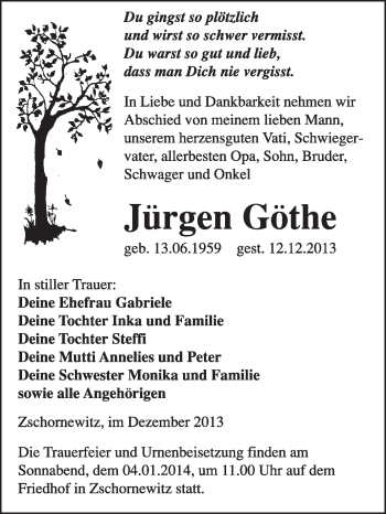 Traueranzeige von Jürgen Göthe von WVG - Wochenspiegel Wittenberg