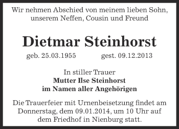 Traueranzeige von Dietmar Steinhorst von Super Sonntag Bernburg