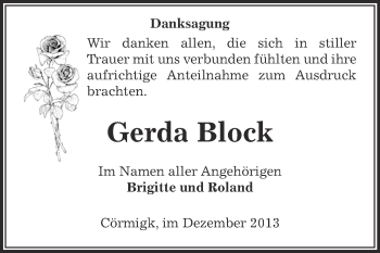 Traueranzeige von Gerda Block von Super Sonntag Bernburg